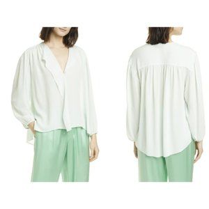 Vince Blouse White Small Shirred Long Sleeve Silk Flutter Split Neckline